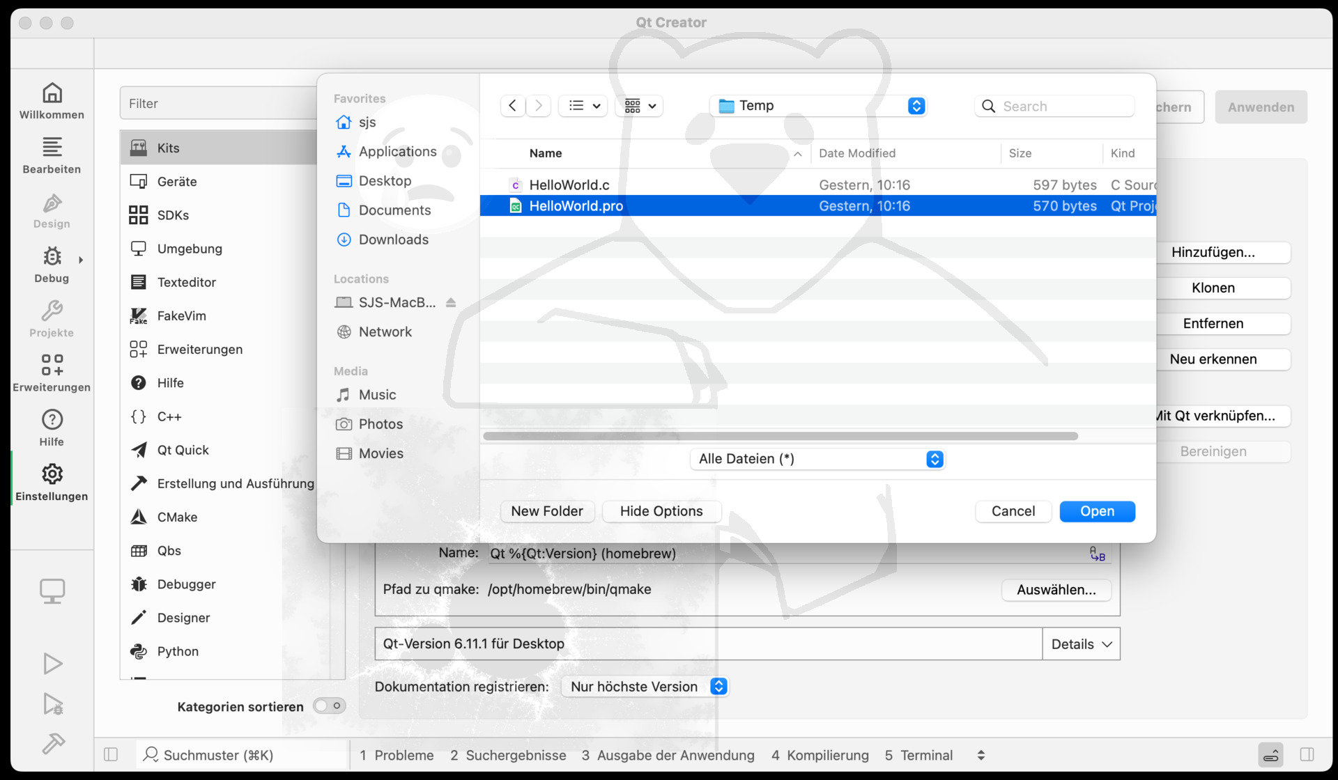 Jetzt die Projekt Datei für das HelloWorld Programm öffnen - Über das Menu->Datei->Projekt öffnen oder < CMD + O > - Dann mit "Open" bestätigen.