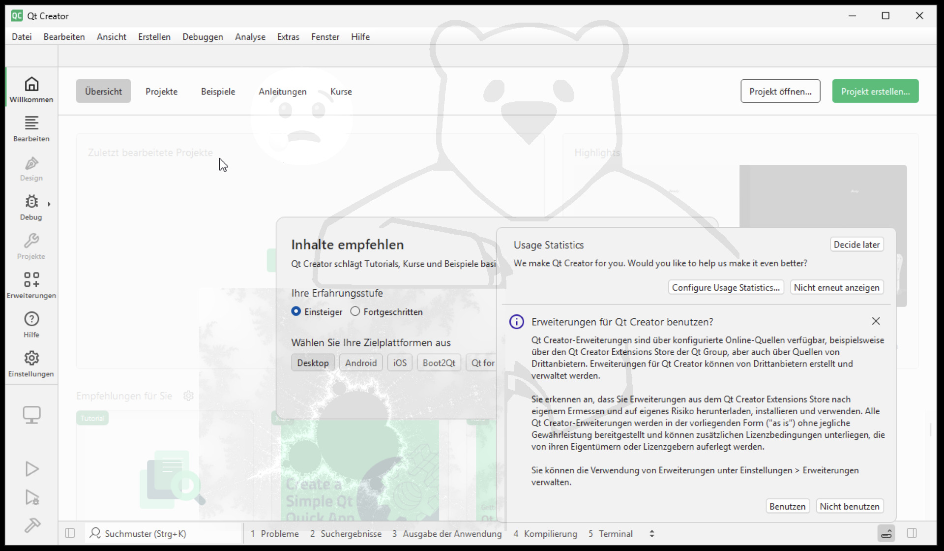 Jetzt den QtCreator starten im Start Dialog alles via "Nicht erneut anzeigen" bzw. "Nicht benutzen" schliessen.