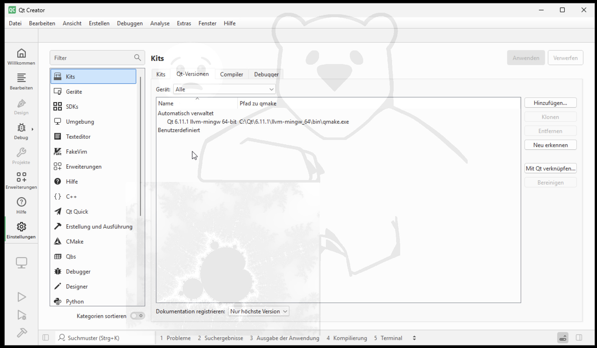 Dann über das Menü Bearbeiten->Einstellungen den Einstellung Dialog öffnen. Unter "Kits" / "Qt Versionen" sollte die gerade installierte Qt Version eingetragen sein.