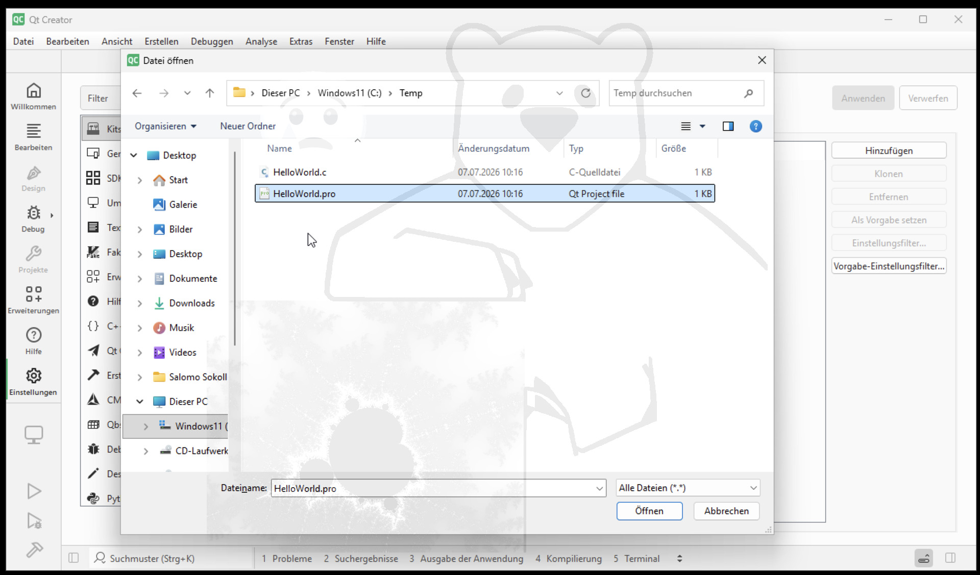 Jetzt die Projekt Datei für das HelloWorld Programm öffnen - Über das Menu->Datei->Projekt öffnen oder < Ctrl + O > - Dann mit "Öffnen" bestätigen.