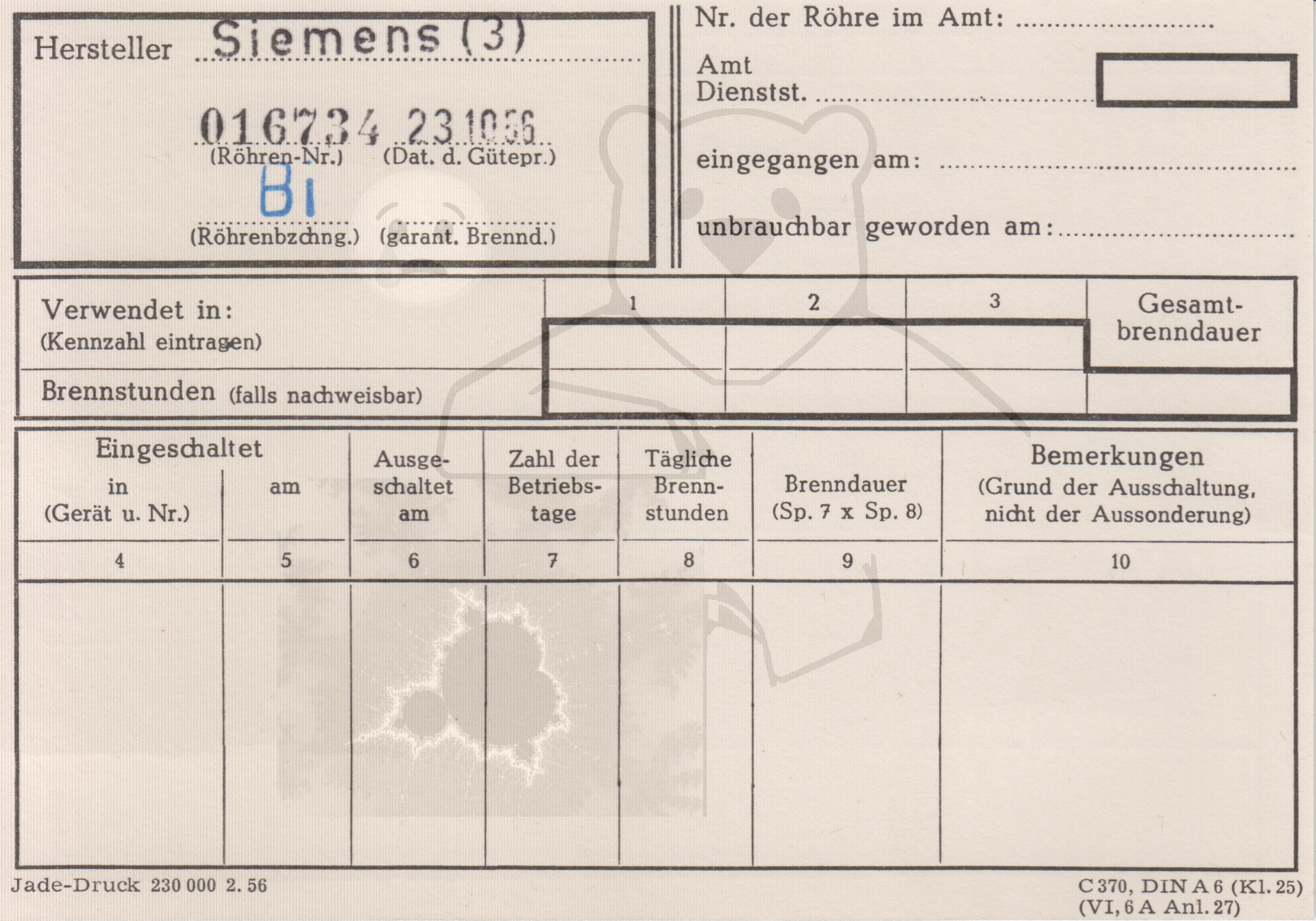 Röhre Bi #7853 Begleitschein Vorderseite