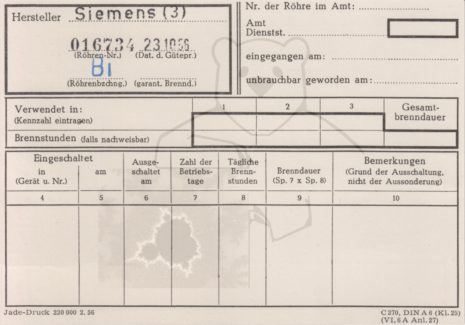Röhre Bi #7853 Begleitschein Vorderseite